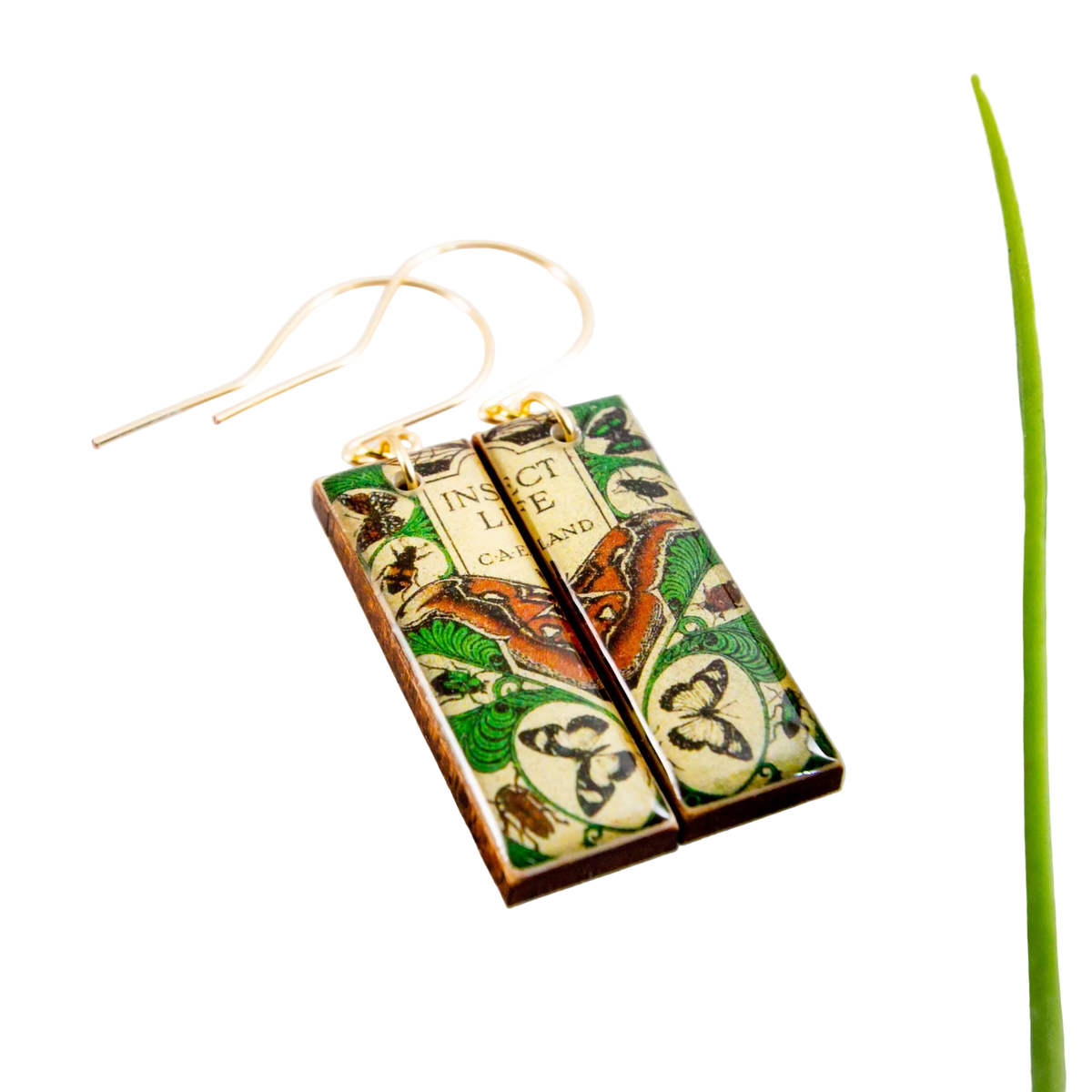 Vintage Book Cover Insect Life Moth Rectangle Earrings