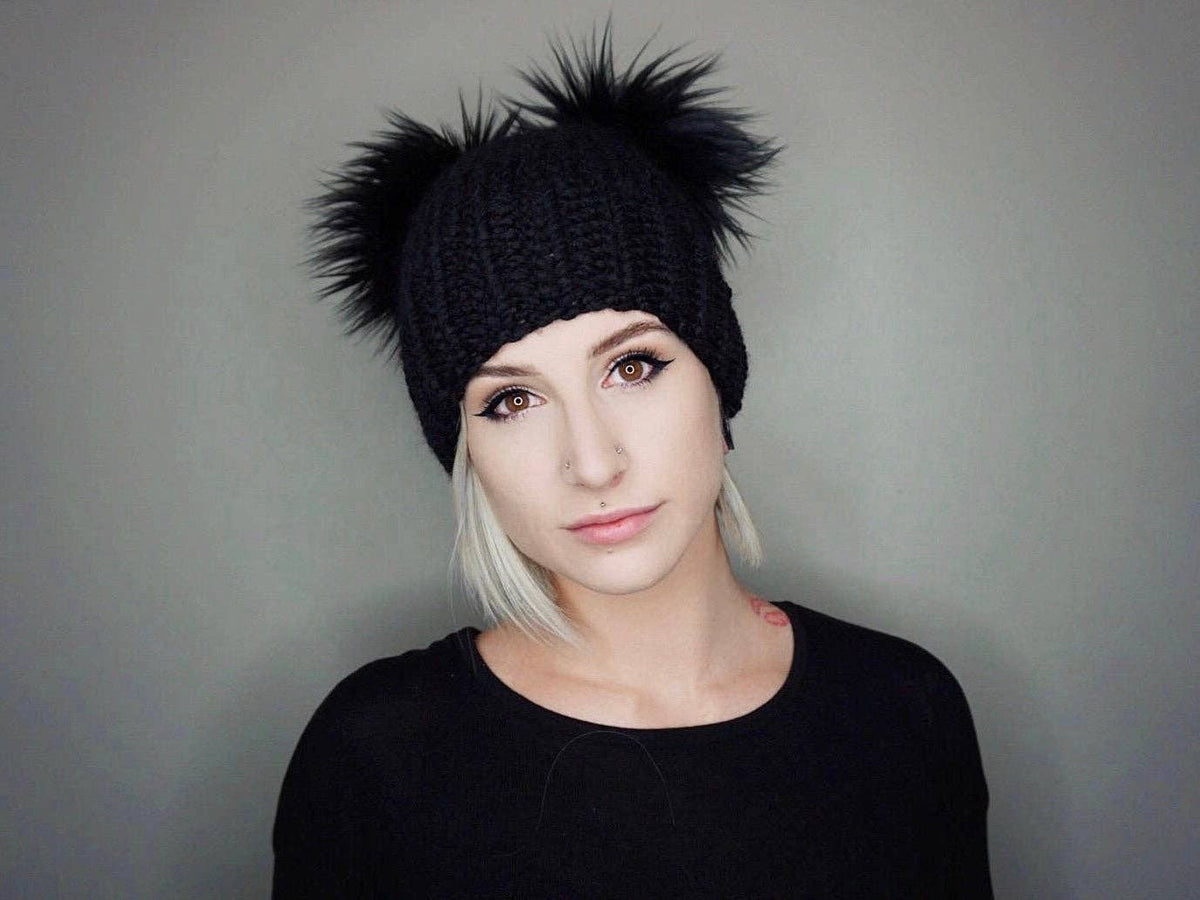The Double Pom Beanie in Black- knit hat, trendy, handmade