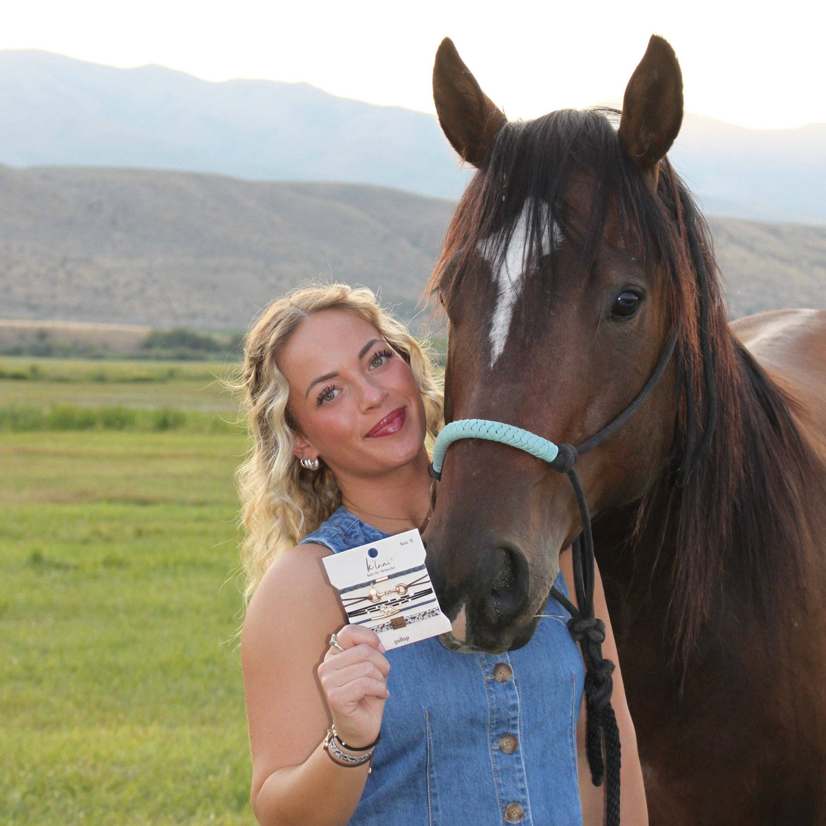 "Gallop" Horse &amp; Bit Equestrian Accents in Rich Brown &amp; Blue Hair Tie Bracelets