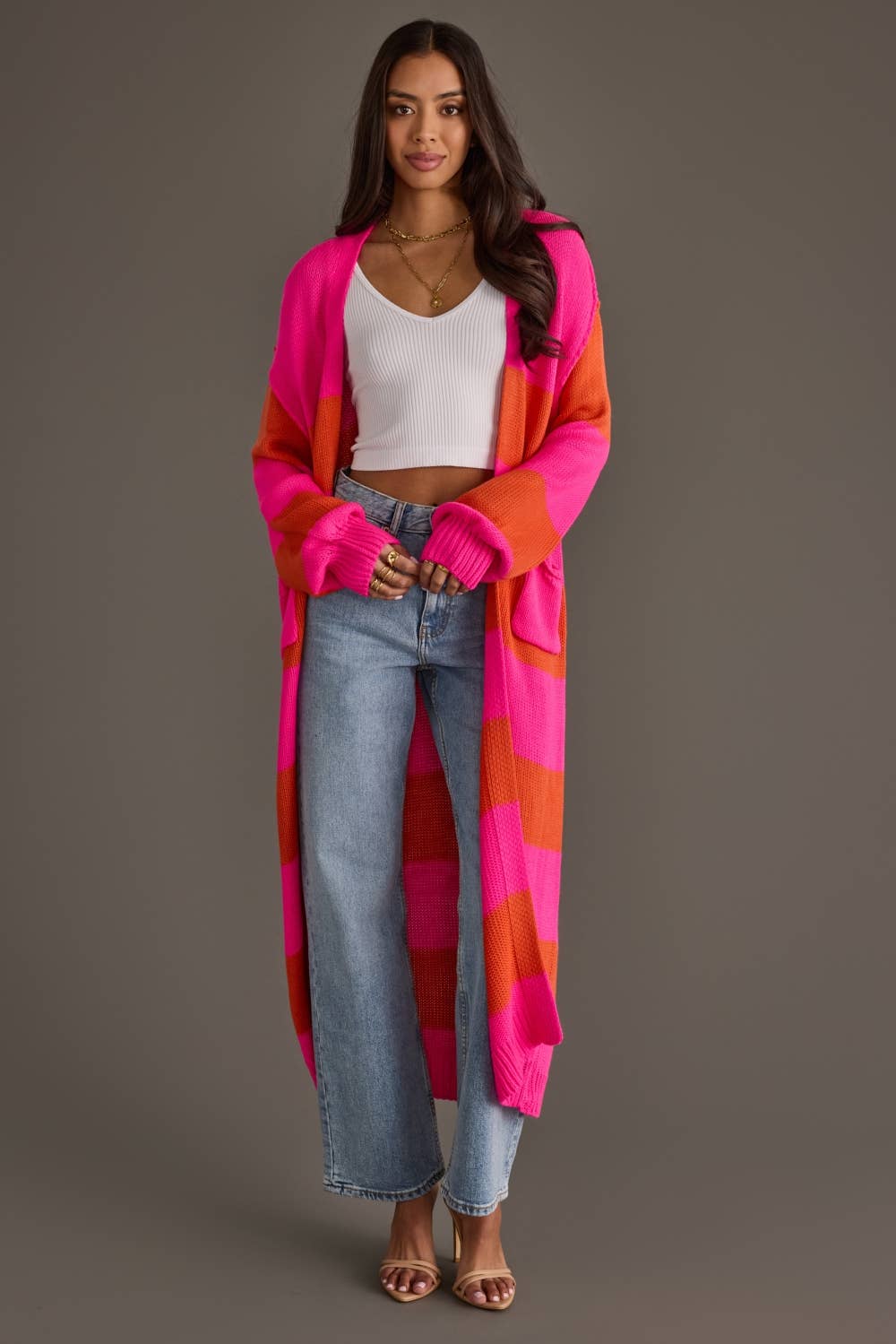 Bright Pink &amp; Orange Striped Duster Cardigan