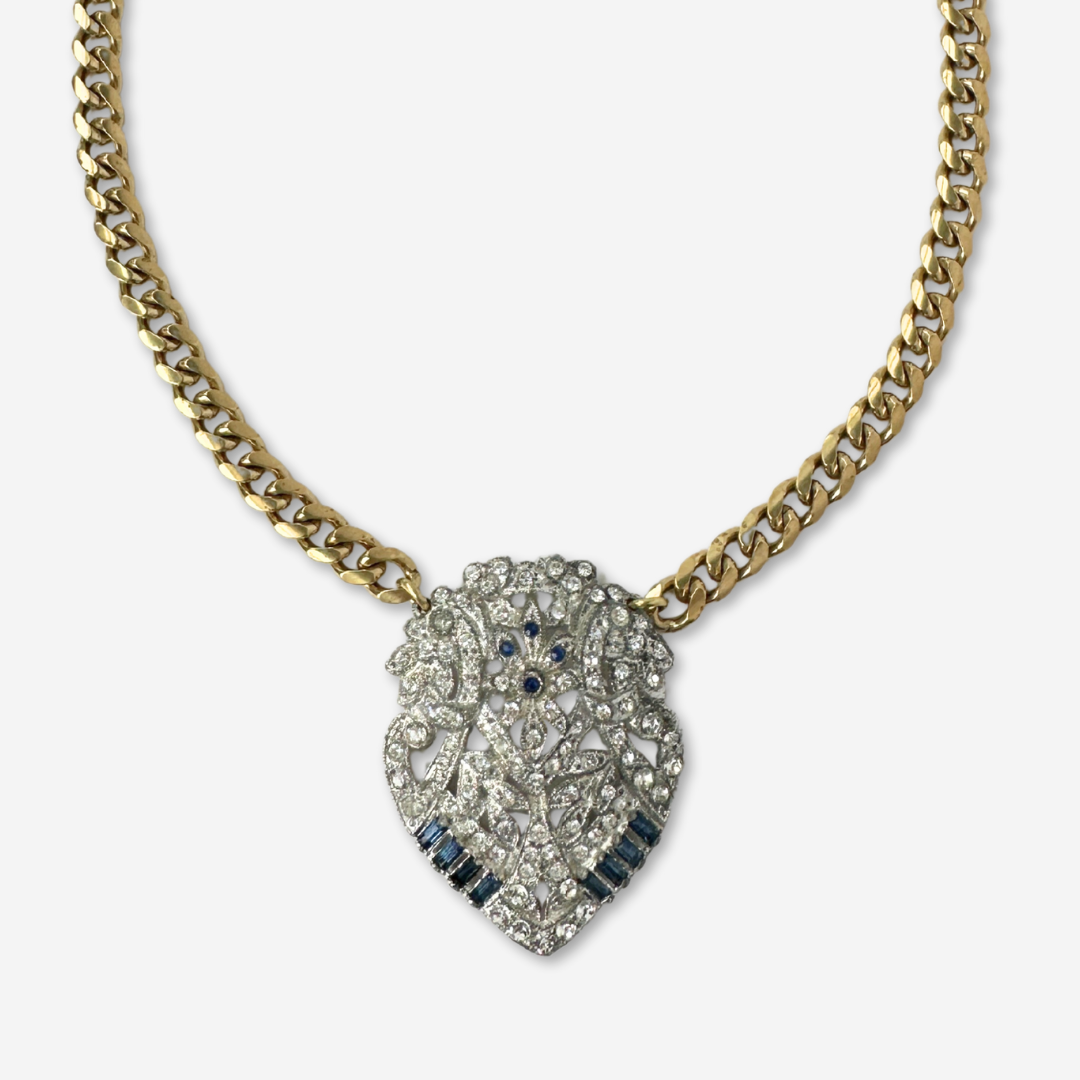 Vintage art deco clear and sapphire rhinestone pendant on brass curb chain