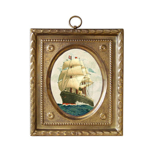 4-1/2" Sailing Ship Vintage Print in Embossed Brass Frame