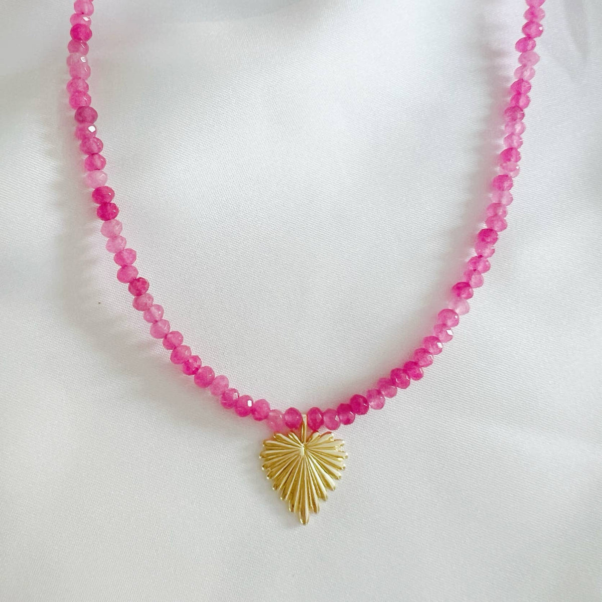 Esme Heart Pink Jade Beaded Necklace Gold Filled
