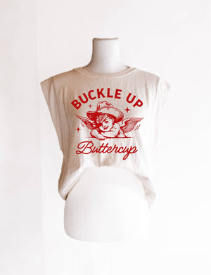 Buckle Up Buttercup Western Crop Muscle Tank Tee - Ivory