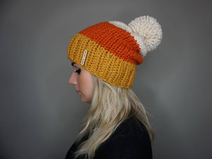 The Candy Corn Beanie- Halloween, Fall, handmade knit hat