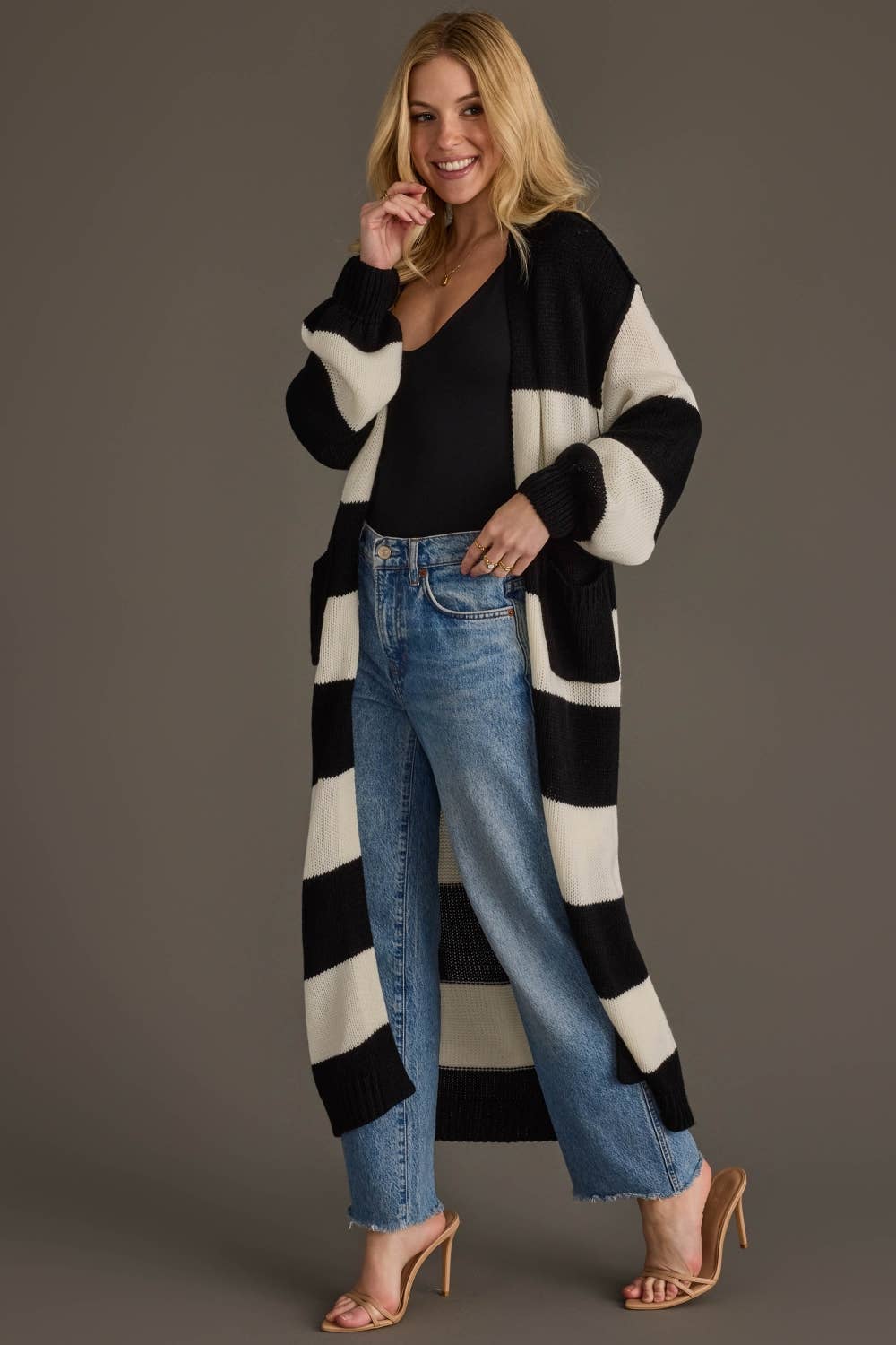 Black &amp; White Striped Duster Cardigan