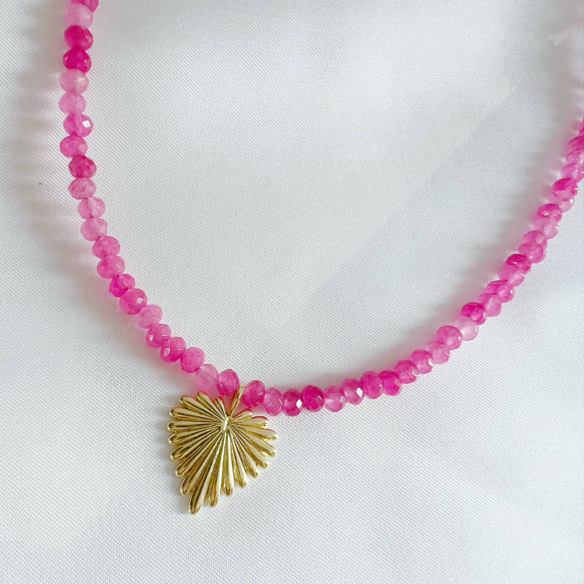 Esme Heart Pink Jade Beaded Necklace Gold Filled