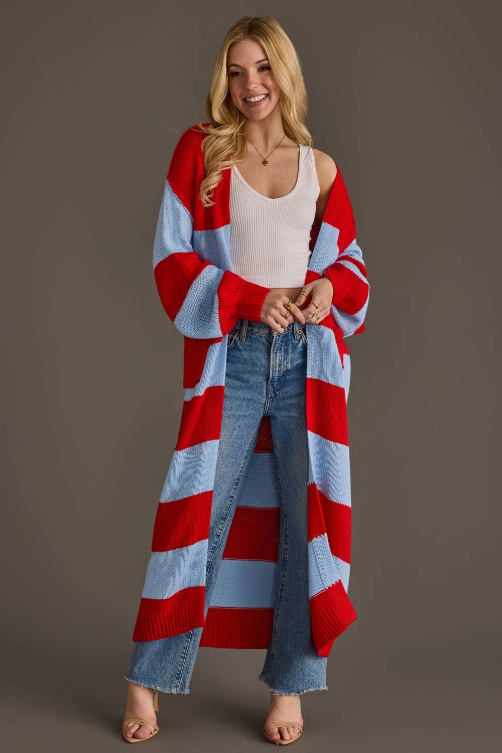 Red &amp; Lt. Blue Striped Duster Cardigan