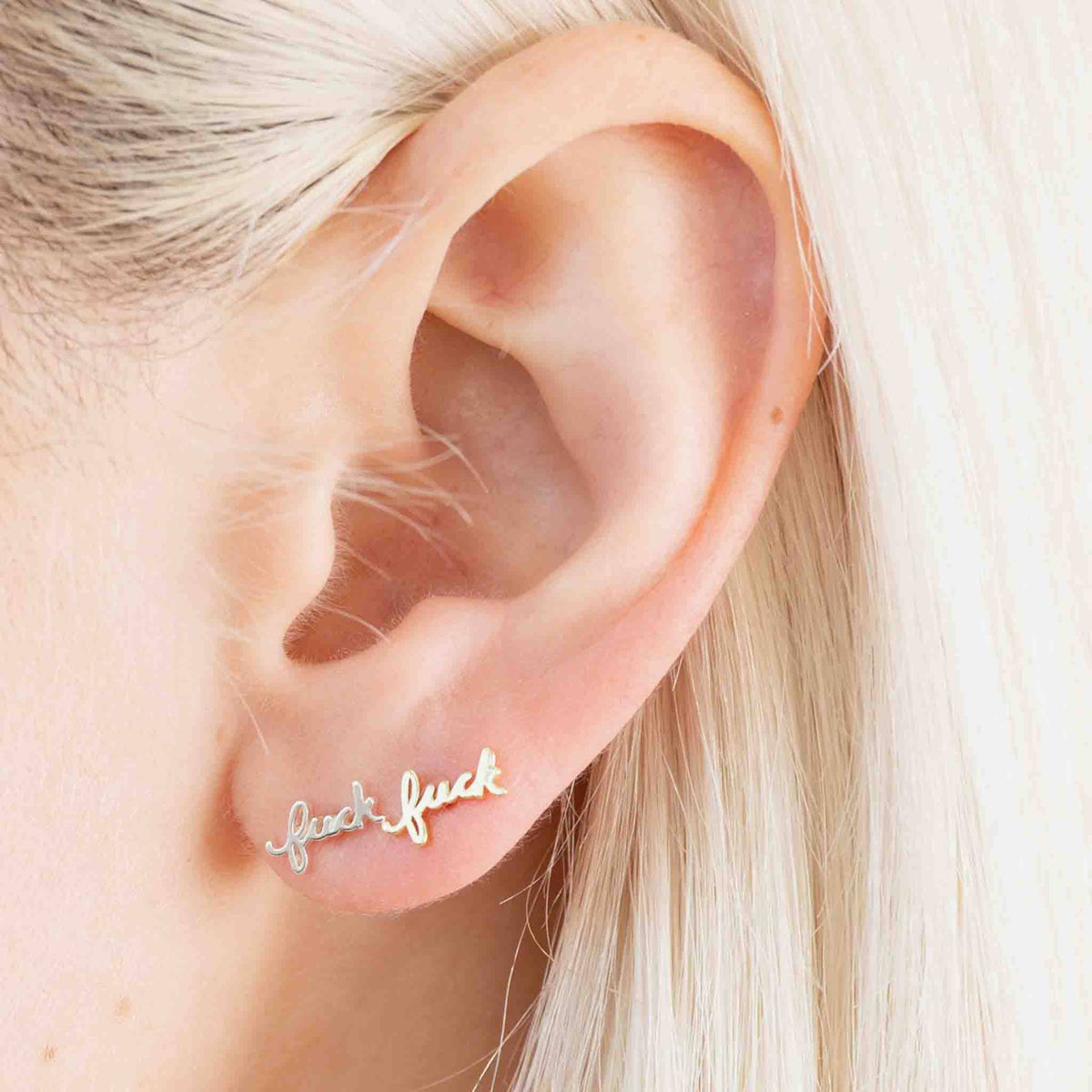 Fuck Script Stud Earring - Silver or Gold Plate, Single/Pair