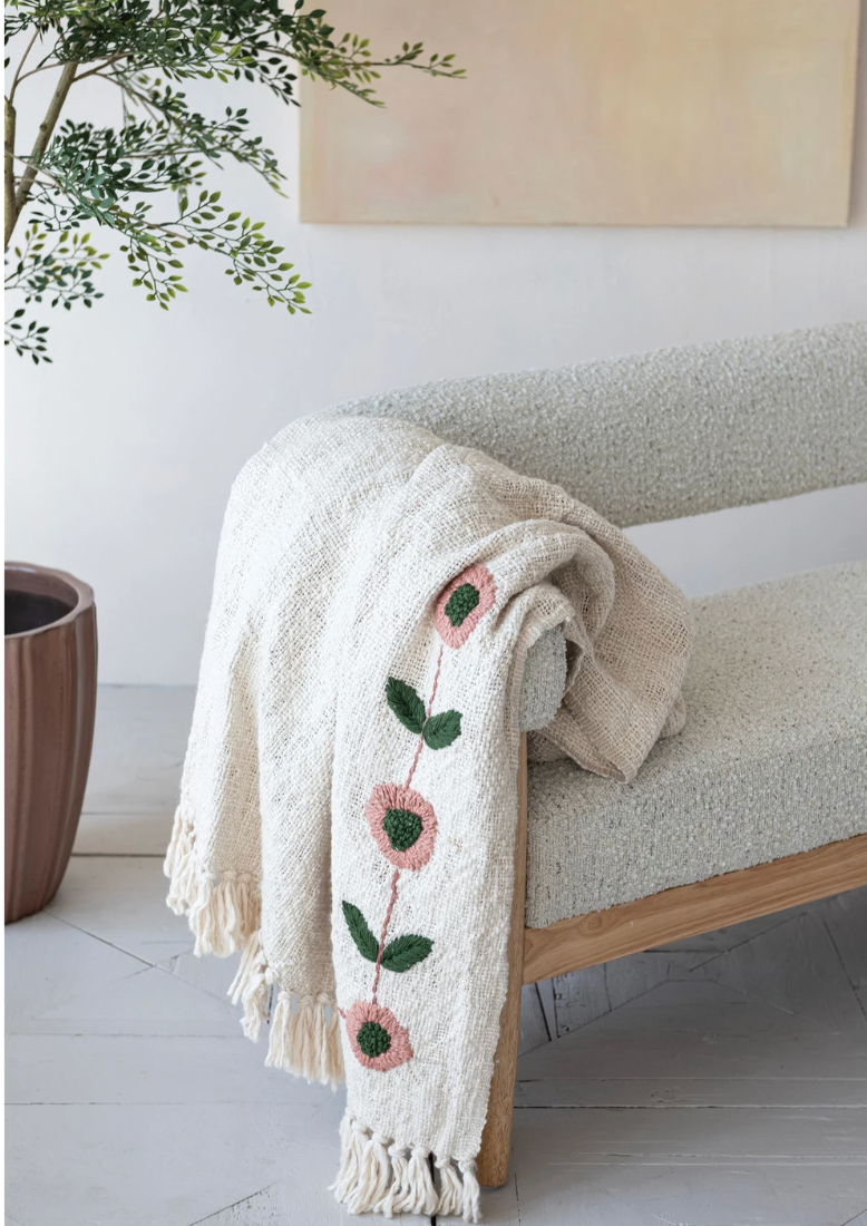 60"L x 50"W Woven Cotton Slub Throw with Hand-Embroidered Flowers &amp; Fringe