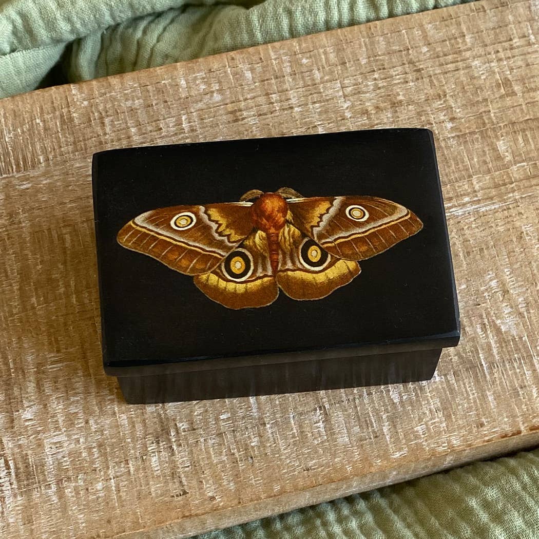 3&quot; Emperor Moth Black Soapstone Trinket-Jewelry Box