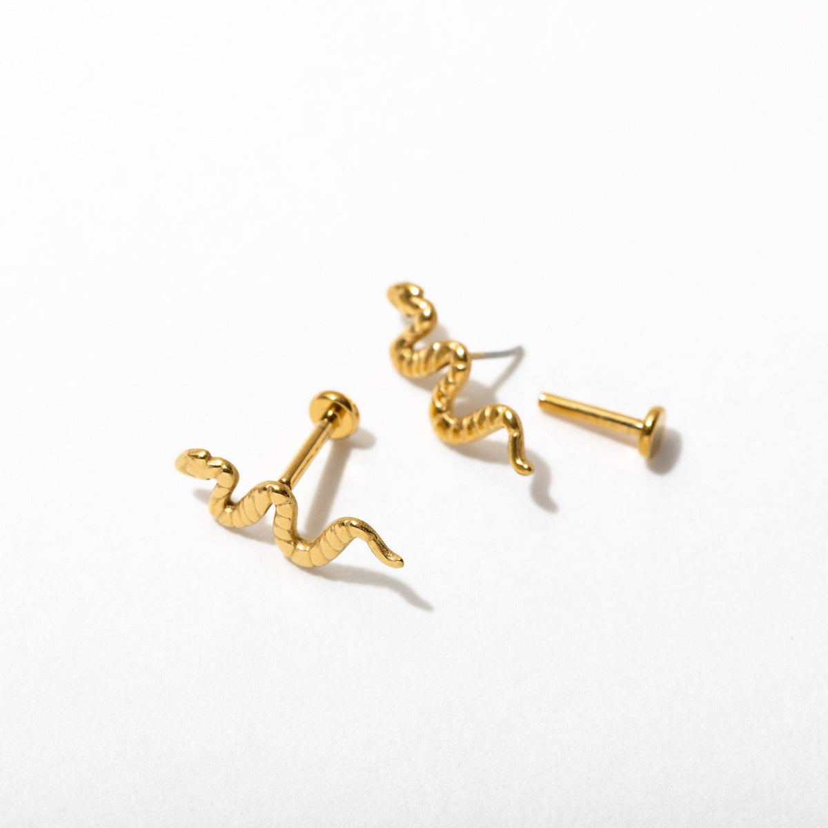 14k Gold PVD Snake Flat Back Stud Earrings - Pair or Single