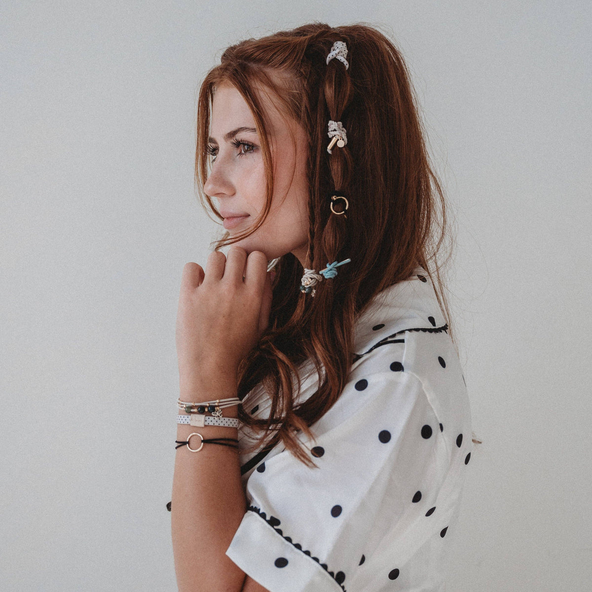 "Flirt" Polka Dot in Cream & Black with Green Accent Hair Tie Bracelets