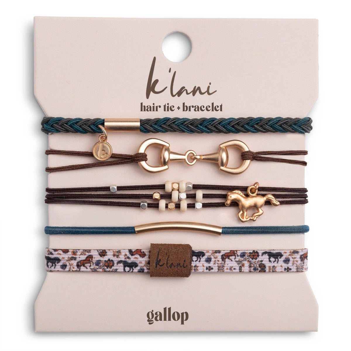 "Gallop" Horse &amp; Bit Equestrian Accents in Rich Brown &amp; Blue Hair Tie Bracelets