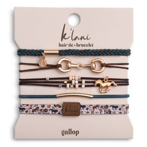 "Gallop" Horse & Bit Equestrian Accents in Rich Brown & Blue Hair Tie Bracelets