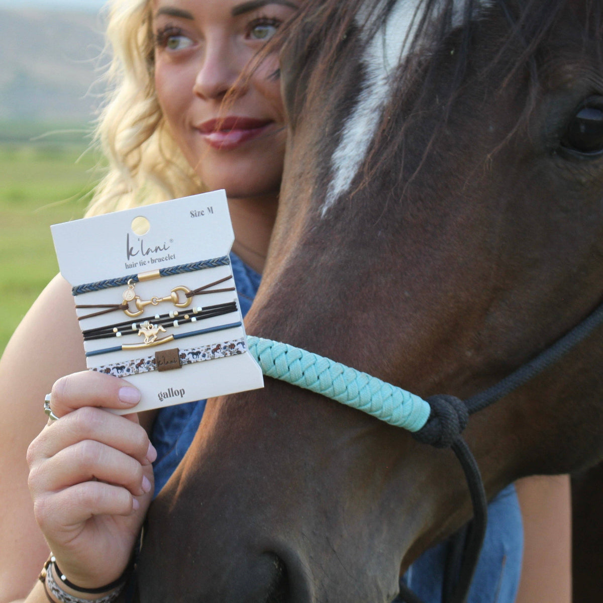 "Gallop" Horse &amp; Bit Equestrian Accents in Rich Brown &amp; Blue Hair Tie Bracelets