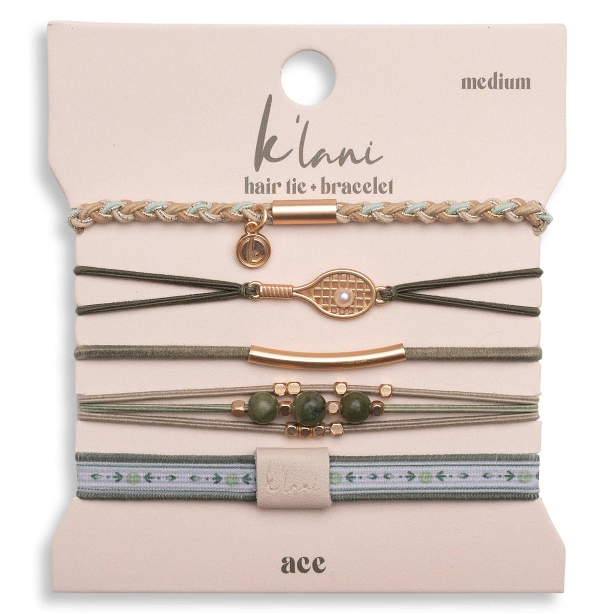 K'lani "Ace" Green and Gold Tennis Racket Charm Hair Tie Bracelets