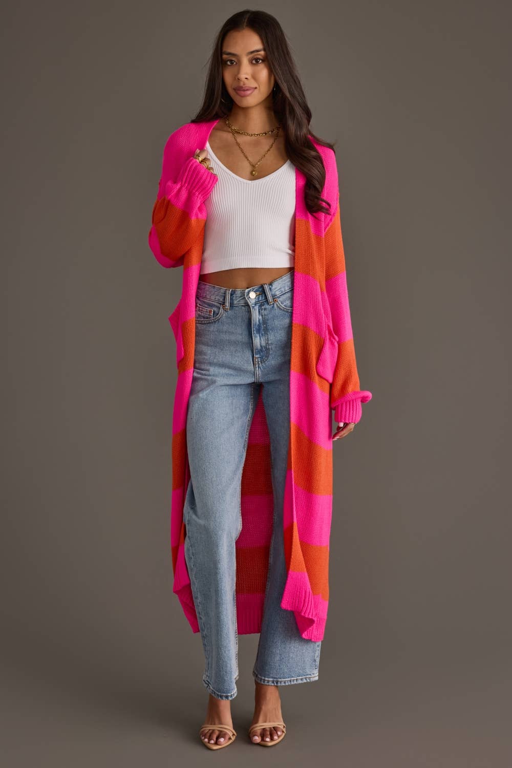 Bright Pink &amp; Orange Striped Duster Cardigan