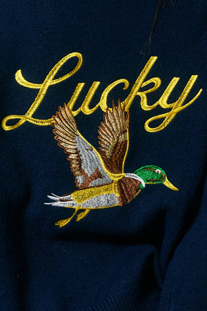 Embroidered "Lucky Duck" V-Neck Cardigan