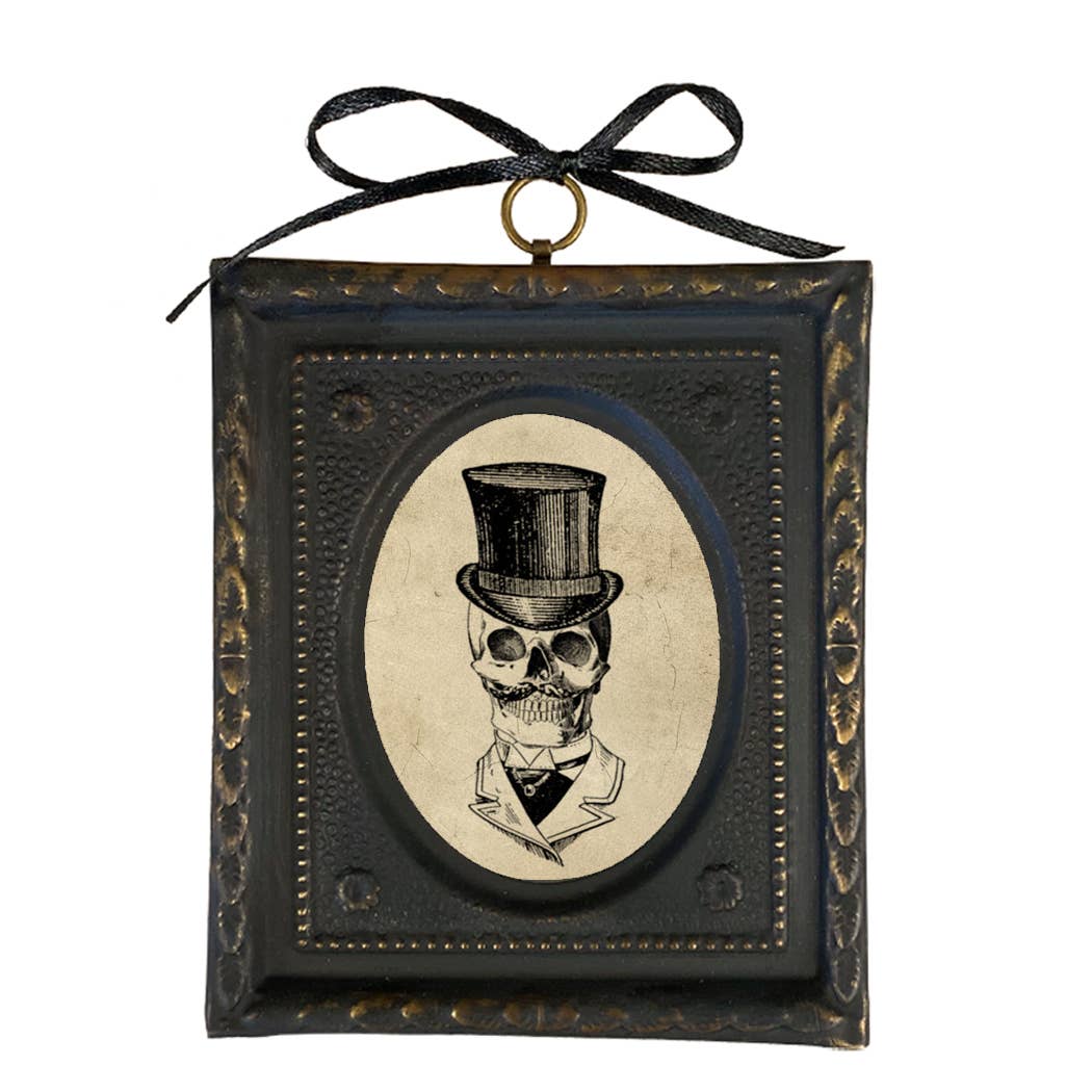4-1/2&quot; Gentleman Skull Print in Embossed Black &amp; Brass Frame