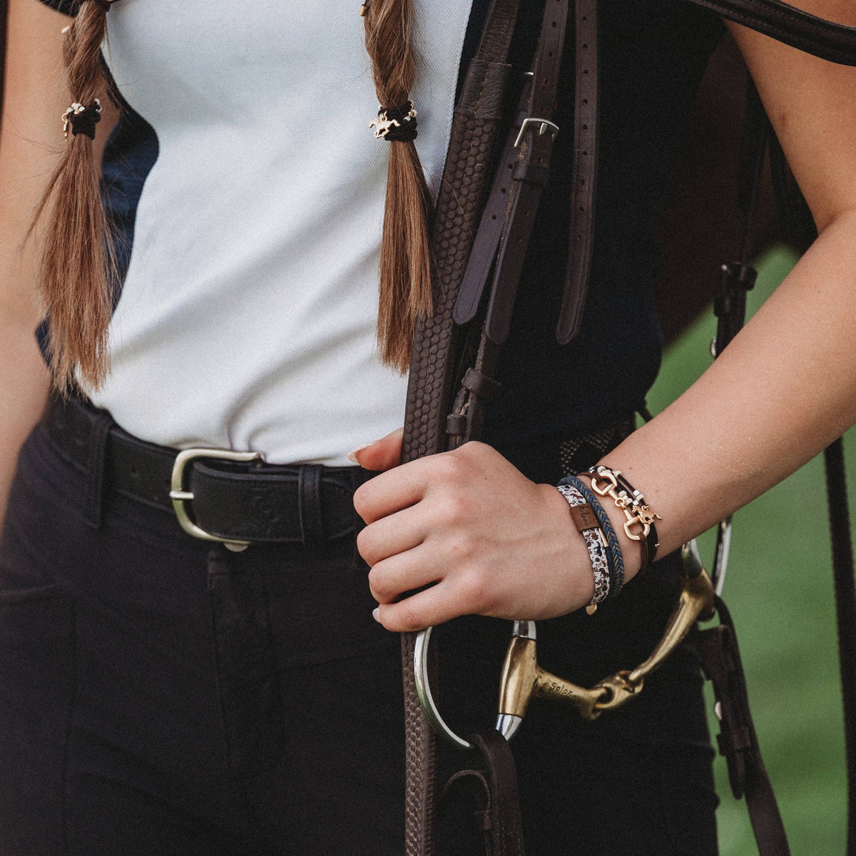 "Gallop" Horse &amp; Bit Equestrian Accents in Rich Brown &amp; Blue Hair Tie Bracelets