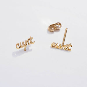 14K Gold Plate Cunt Script Stud Earrings