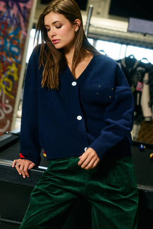 Embroidered "Lucky Duck" V-Neck Cardigan