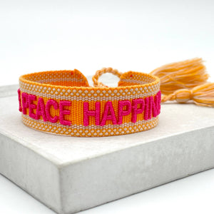 LOVE PEACE HAPPINESS statement bracelet woven, embroidered