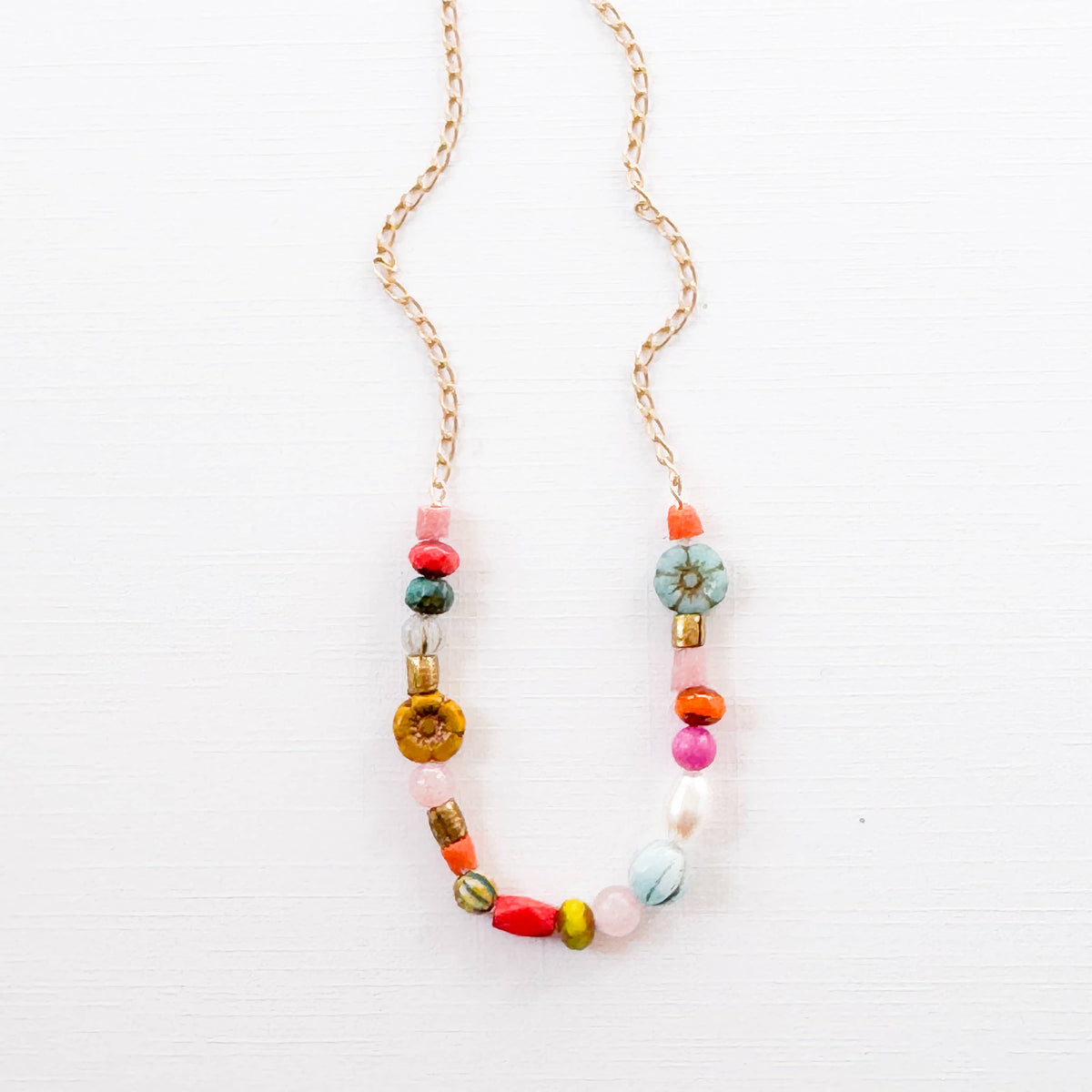 Dainty Pearl Flower and Recycled Bead Necklace