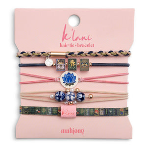 "Mahjong" Themed in Pink, Green & Blue with Lotus & Tile Accent Hair Tie Bracelets
