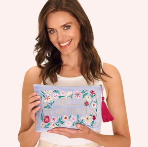 Velvet Embroidered Zip Pouch - Floral Text, Hello Gorgeous