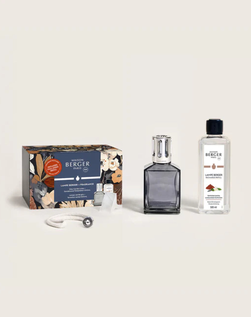 Santal &amp; Smoke - Grey Carrée Fragrance Lamp Gift Set with Full-sized Sandalwood Temptation