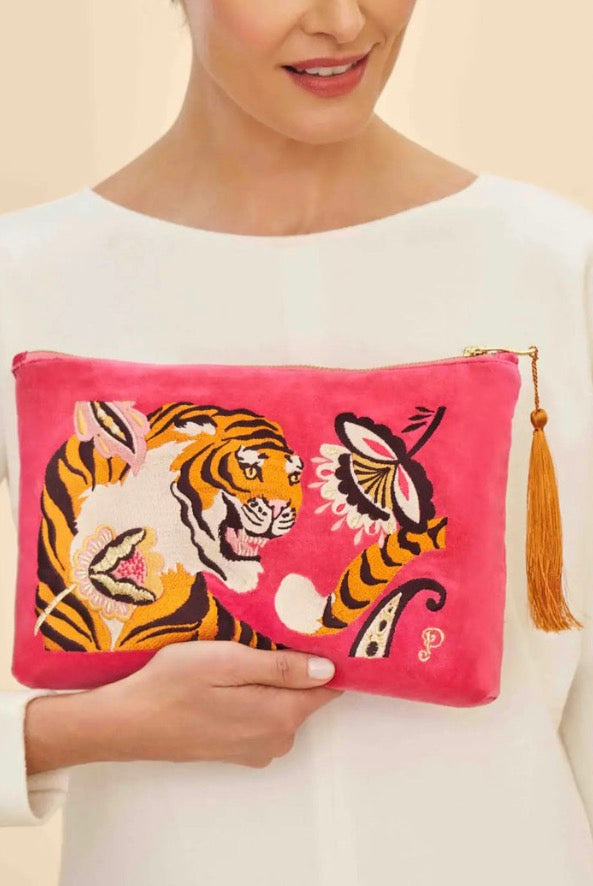 Velvet Embroidered Zip Pouch - Thrill of the Tiger