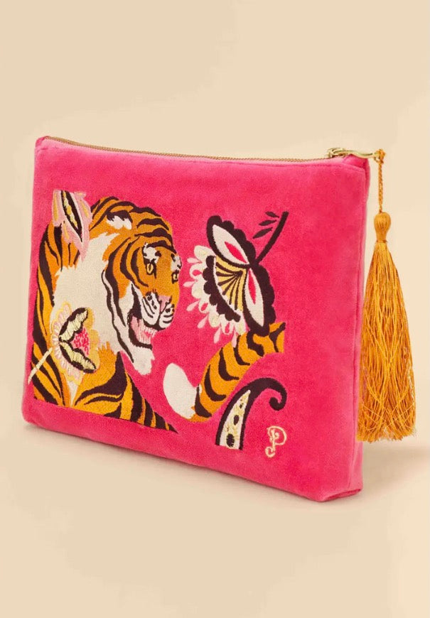 Velvet Embroidered Zip Pouch - Thrill of the Tiger