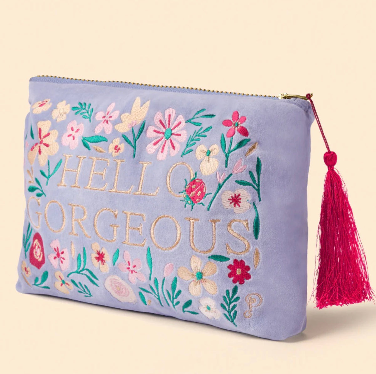 Velvet Embroidered Zip Pouch - Floral Text, Hello Gorgeous