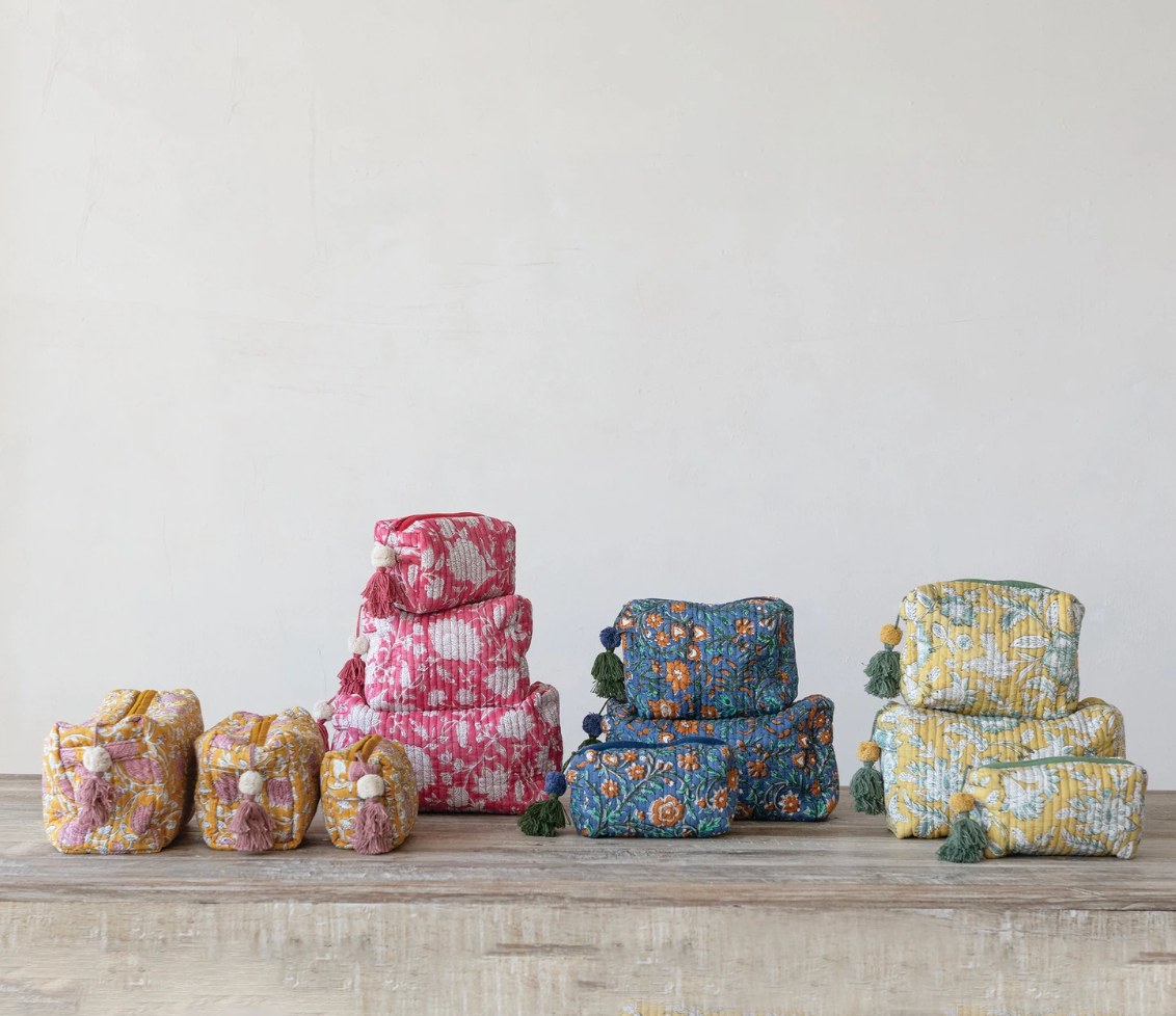 Quilted Cotton Voile Block Zip Pouches with Interior Lining