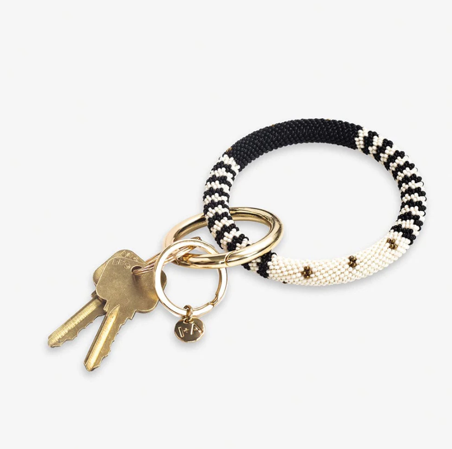 Chloe Stripes Beaded Key Ring Bracelet Black and White