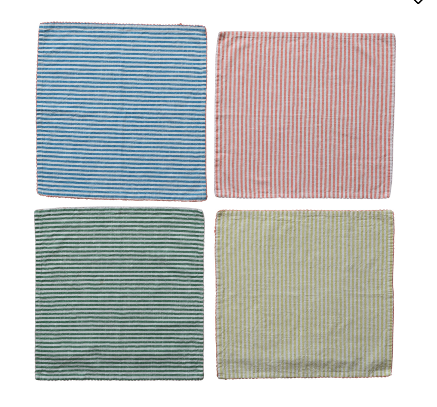 Woven Cotton Striped Napkins with Stitched Colored Trim, Set of 4