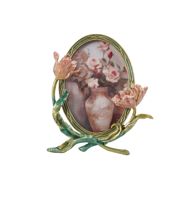 Enameled Metal Photo Frame w/ 3D Flowers &amp; Jewels (Holds 3-1/2"W x 5"H Photo)