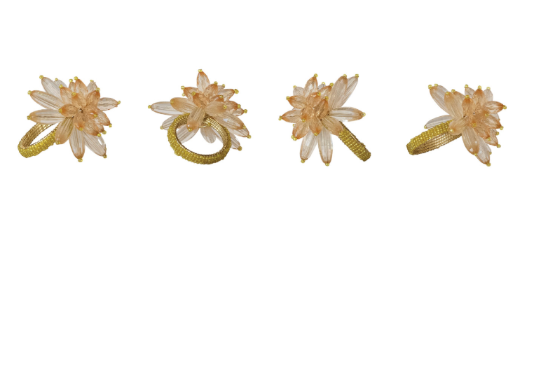 Handmade Acrylic &amp; Glass Beaded Flower Napkin Rings, Set of 4 Tied with Gold Cord