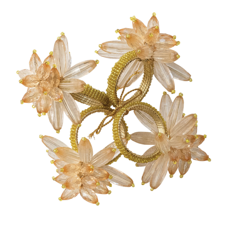 Handmade Acrylic &amp; Glass Beaded Flower Napkin Rings, Set of 4 Tied with Gold Cord