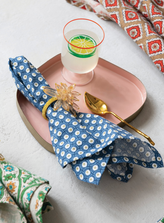 Handmade Acrylic &amp; Glass Beaded Flower Napkin Rings, Set of 4 Tied with Gold Cord