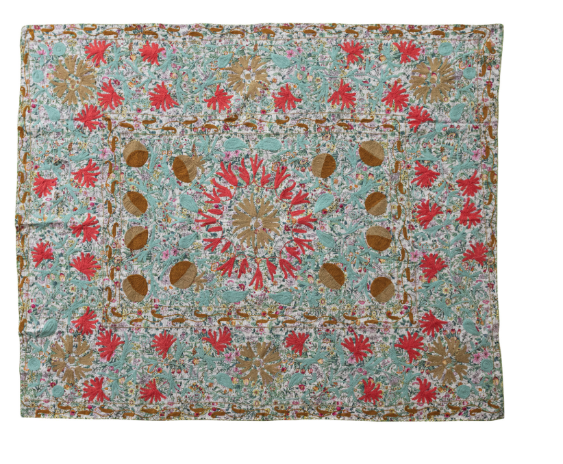 Stonewashed Cotton Voile Two-Sided Throw with Suzani Pattern & Hand-Embroidered Kantha Stitch