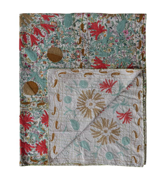 Stonewashed Cotton Voile Two-Sided Throw with Suzani Pattern & Hand-Embroidered Kantha Stitch