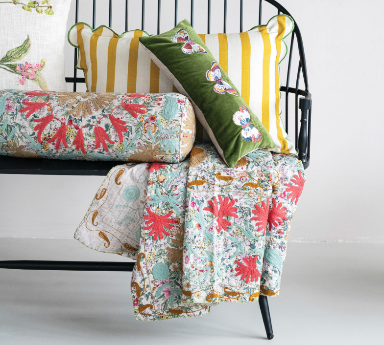 Stonewashed Cotton Voile Two-Sided Throw with Suzani Pattern & Hand-Embroidered Kantha Stitch