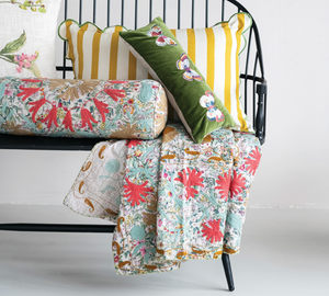 Stonewashed Cotton Voile Two-Sided Throw with Suzani Pattern & Hand-Embroidered Kantha Stitch