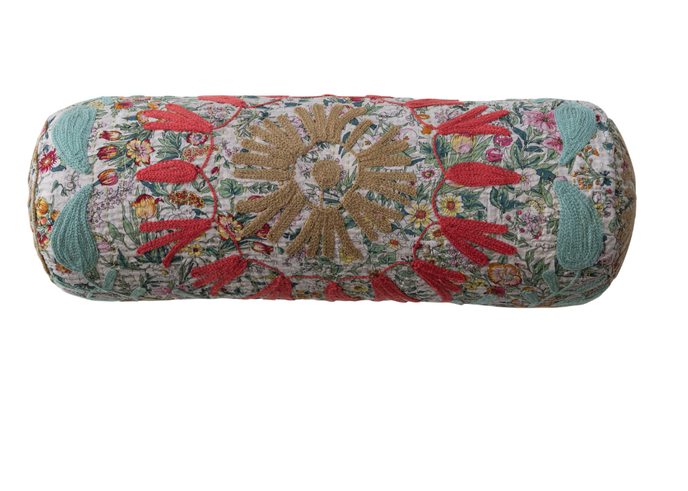 Stonewashed Cotton Voile Bolster Pillow with Suzani Pattern & Hand-Embroidered Kantha Stitch