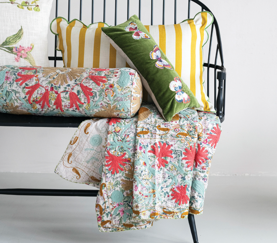 Stonewashed Cotton Voile Bolster Pillow with Suzani Pattern & Hand-Embroidered Kantha Stitch