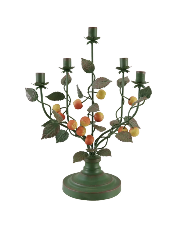 Hand-Painted Metal Vintage Reproduction Toleware Candelabra with Crabapples (Holds 5 Tapers)
