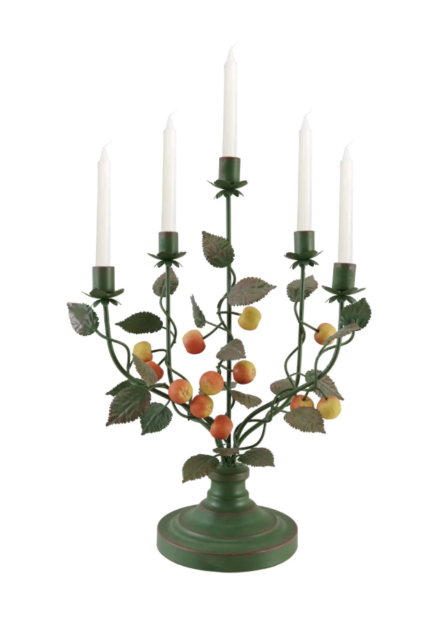 Hand-Painted Metal Vintage Reproduction Toleware Candelabra with Crabapples (Holds 5 Tapers)